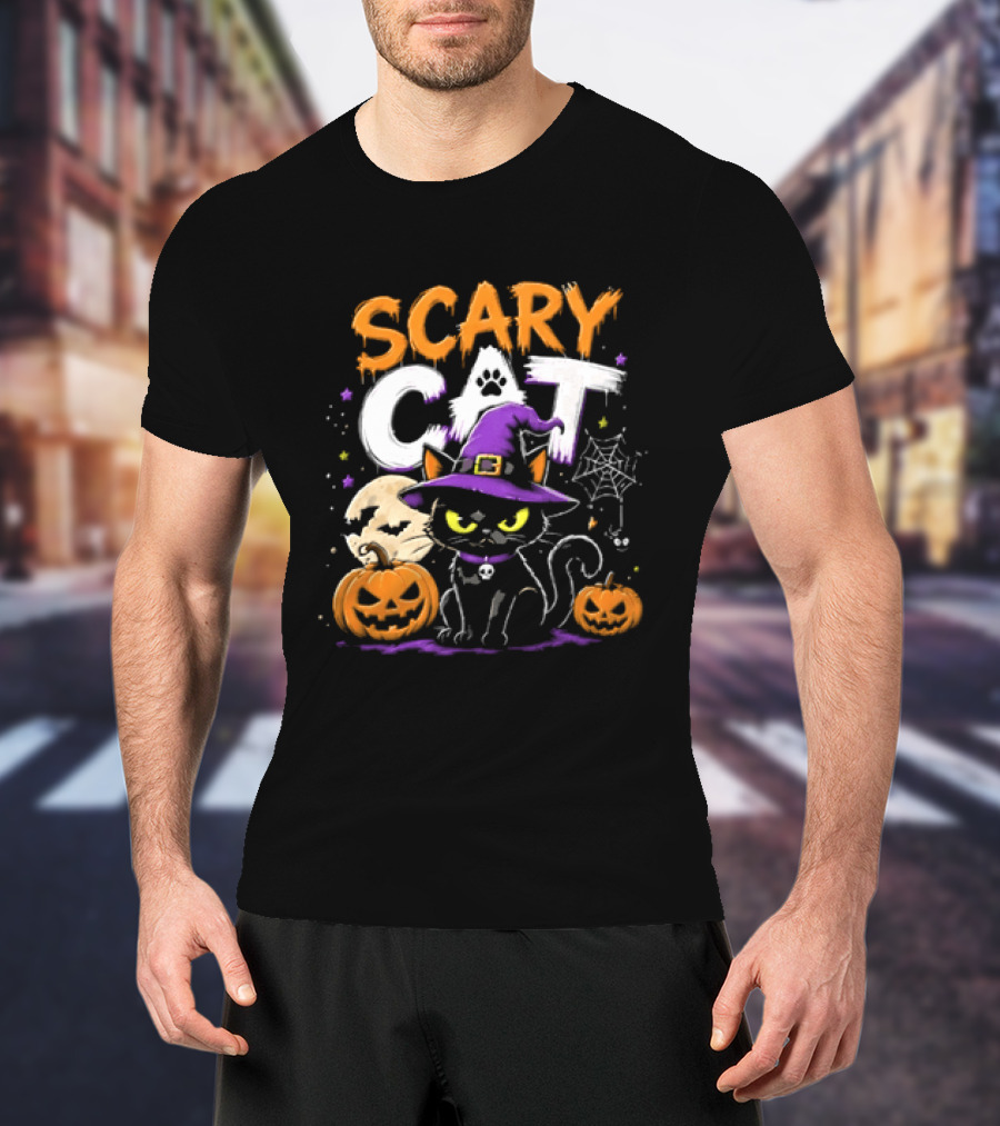 Scary Cat Black Kitten Witch Hat Full Moon Jack O Lanterns Halloween Cartoon T-Shirt