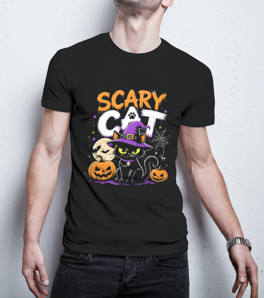 Scary Cat Black Kitten Witch Hat Full Moon Jack O Lanterns Halloween Cartoon T-Shirt
