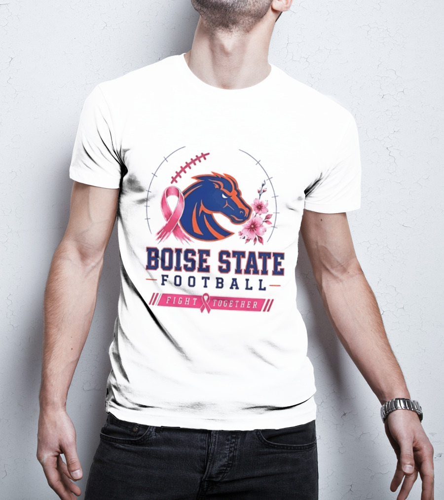 Boise State Broncos Football Fight Together Breast Cancer Awareness Pink Ribbon Flowers T-Shirt