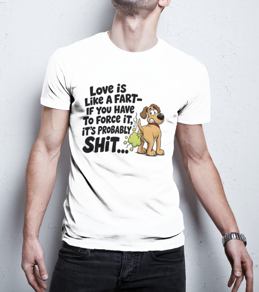 Love Is Like A Fart If You Have To Force It It's Probably Shit Dog Farting Humor T-Shirt