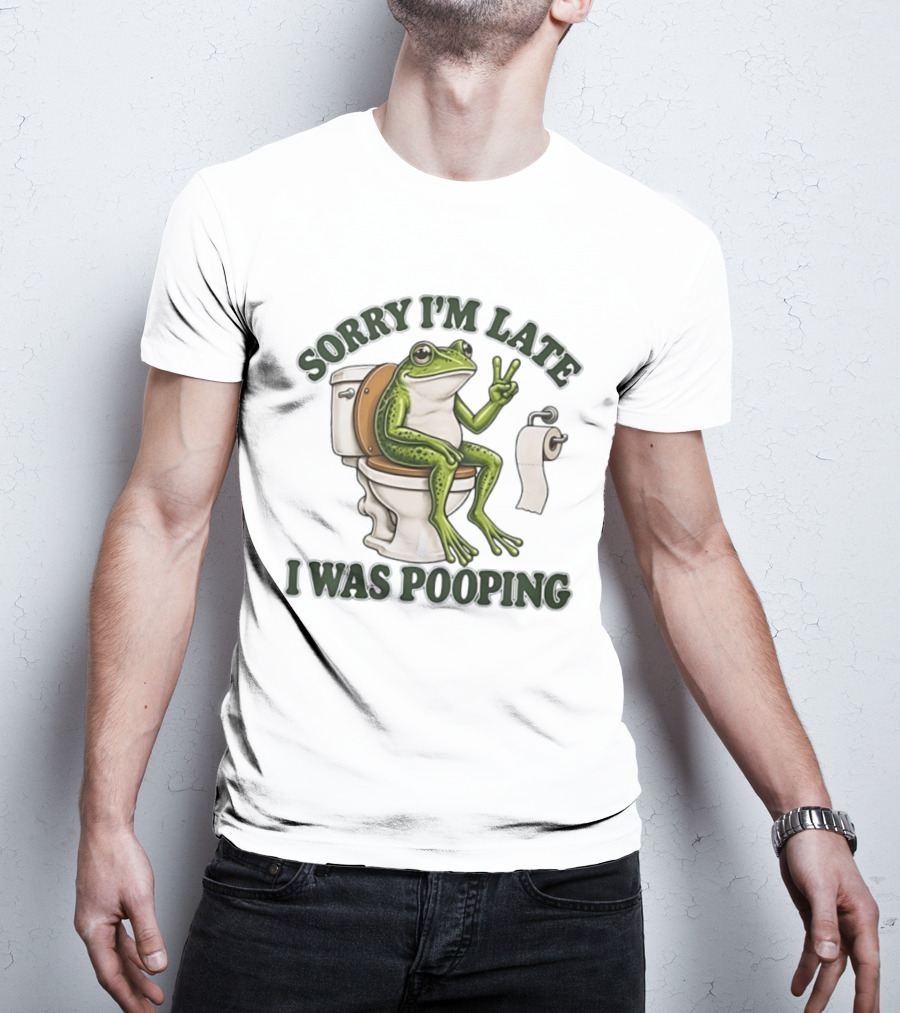 Sorry I'm Late I Was Pooping Frog On Toilet Peace Gesture T-Shirt