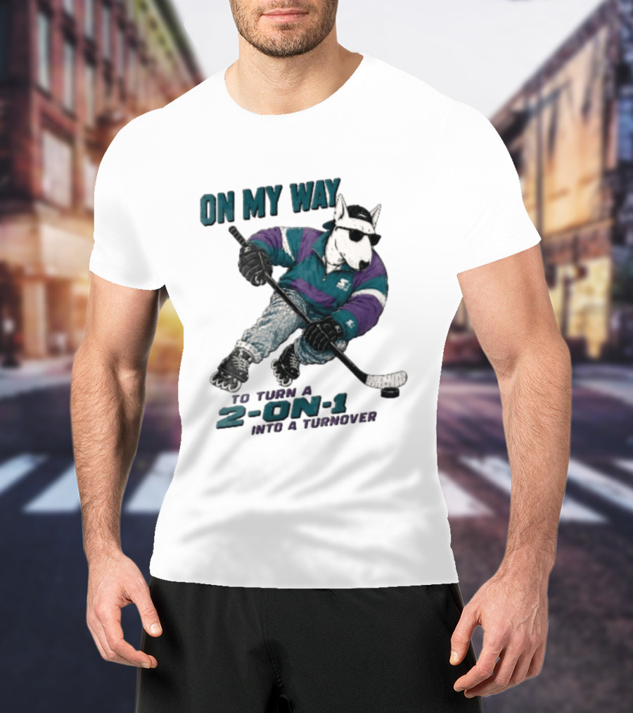 On My Way To Turn A 2 On 1 Into A Turnover Cartoon Bull Terrier Rollerblading Hockey Puck T-Shirt