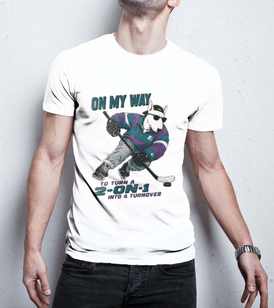 On My Way To Turn A 2 On 1 Into A Turnover Cartoon Bull Terrier Rollerblading Hockey Puck T-Shirt