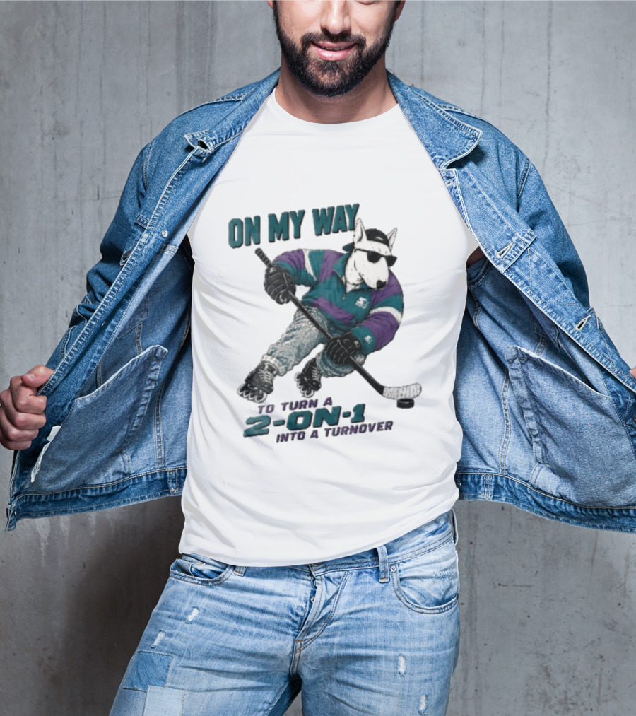 On My Way To Turn A 2 On 1 Into A Turnover Cartoon Bull Terrier Rollerblading Hockey Puck T-Shirt