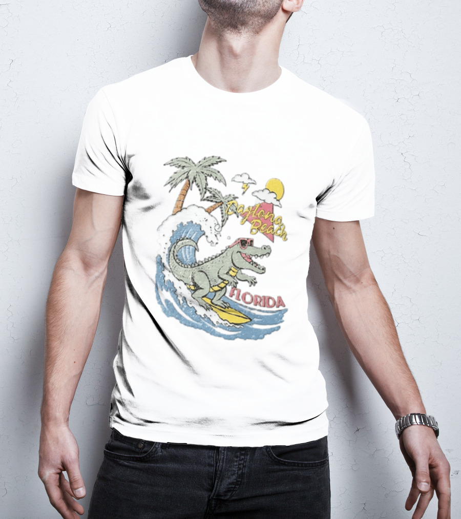 Daytona Beach Florida Surfing Alligator With Palm Trees And Sunglasses T-Shirt