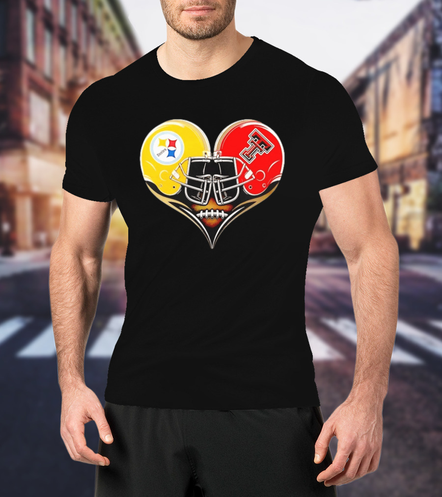 Pittsburgh Steelers Texas Tech Red Raiders Football Helmets Heart T-Shirt