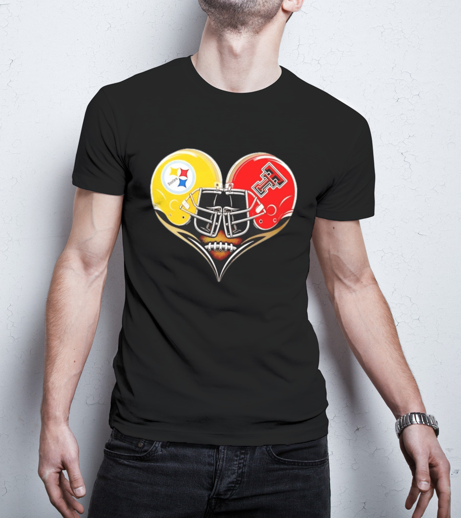 Pittsburgh Steelers Texas Tech Red Raiders Football Helmets Heart T-Shirt
