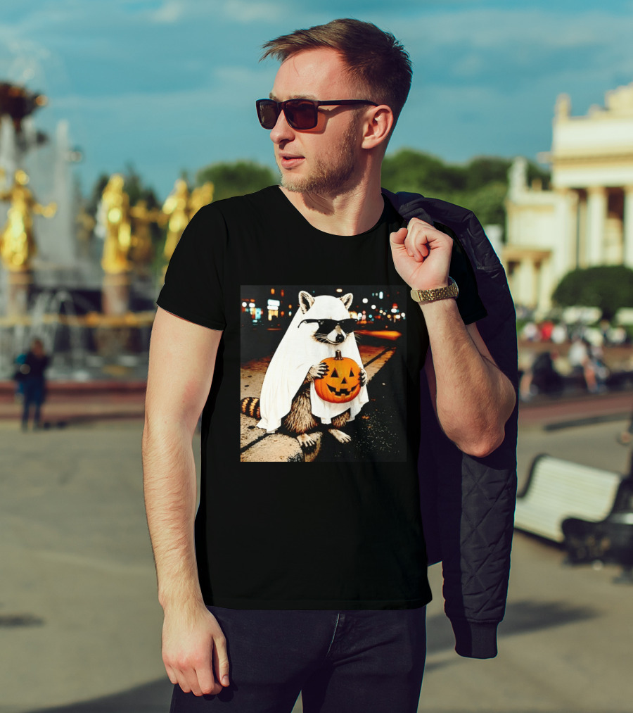 Raccoon Ghost Sunglasses Pumpkin Halloween Street Scene T-Shirt
