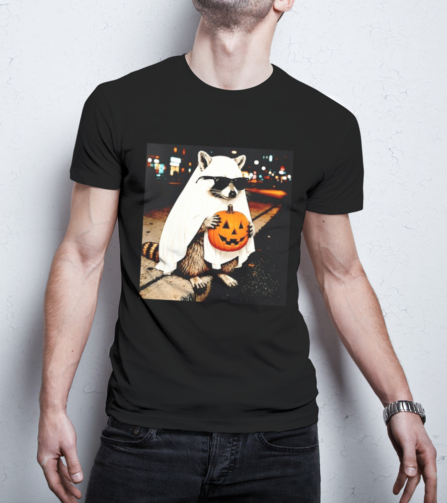 Raccoon Ghost Sunglasses Pumpkin Halloween Street Scene T-Shirt