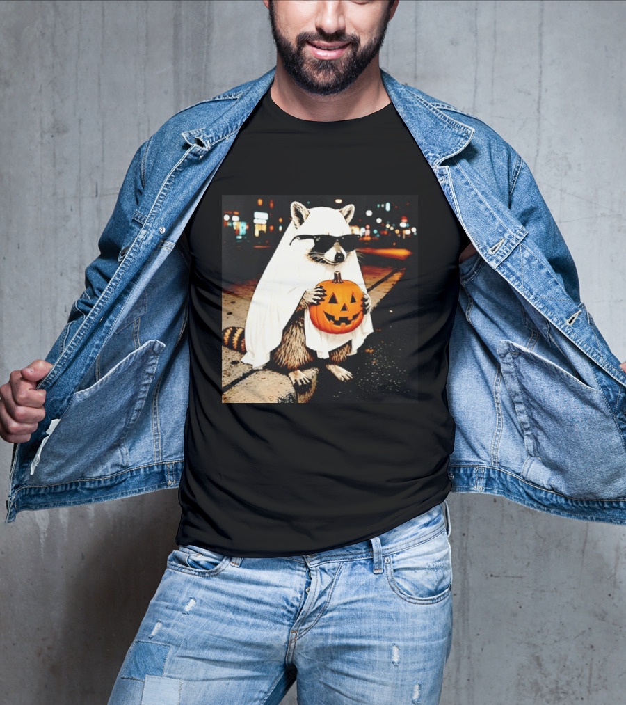 Raccoon Ghost Sunglasses Pumpkin Halloween Street Scene T-Shirt