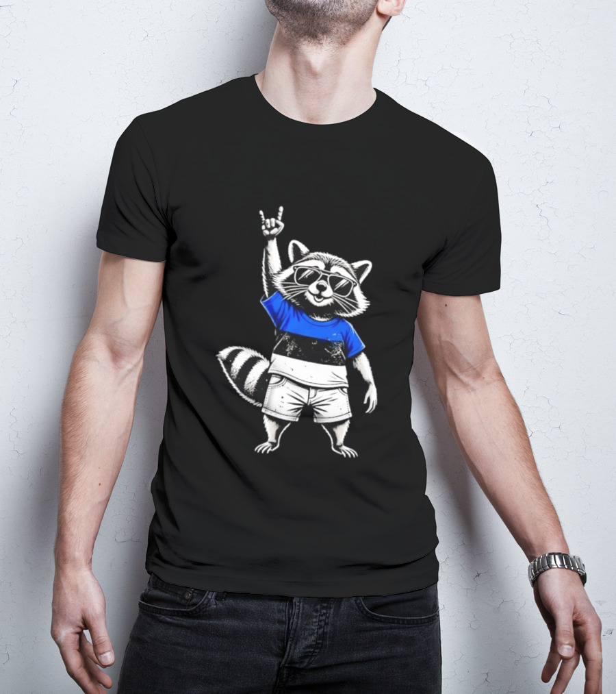 Rocking Raccoon Estonia Flag Style With Sunglasses And Hand Gesture T-Shirt