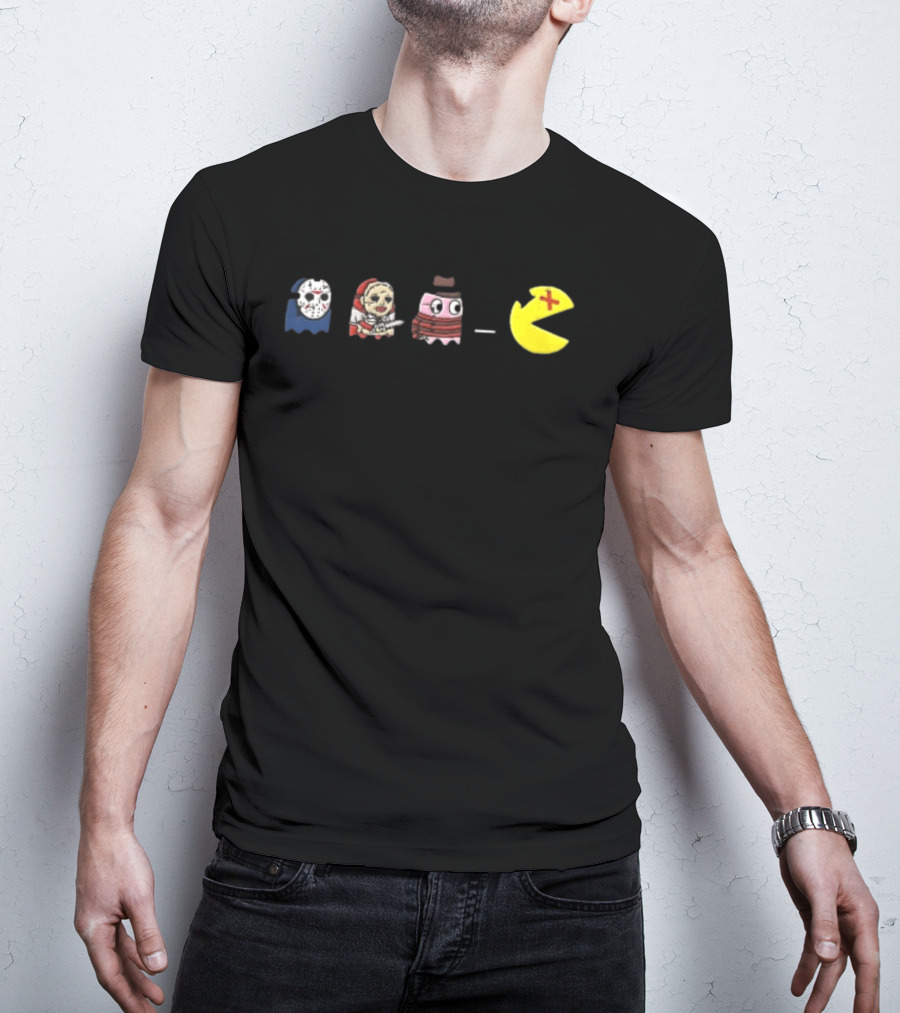 Horror Movie Ghosts Jason Freddy Chasing Stabbed Pac Man T-Shirt