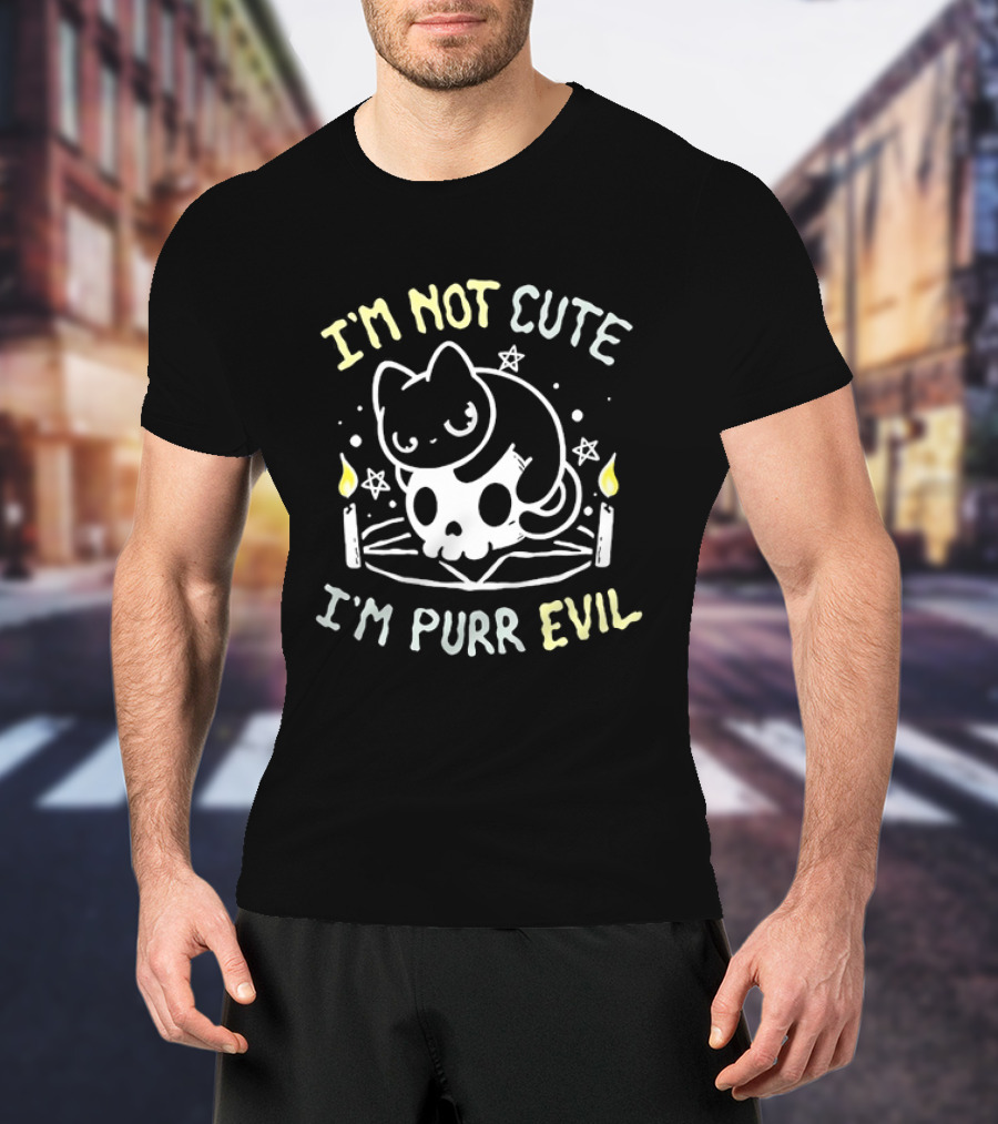 I'm Not Cute I'm Purr Evil Cat On Skull With Pentagram And Candles T-Shirt