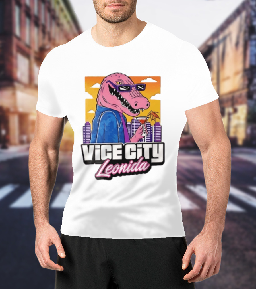 Vice City Leonida Pink Alligator Sunglasses Cocktail Cityscape T-Shirt