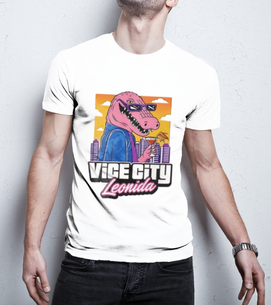 Vice City Leonida Pink Alligator Sunglasses Cocktail Cityscape T-Shirt