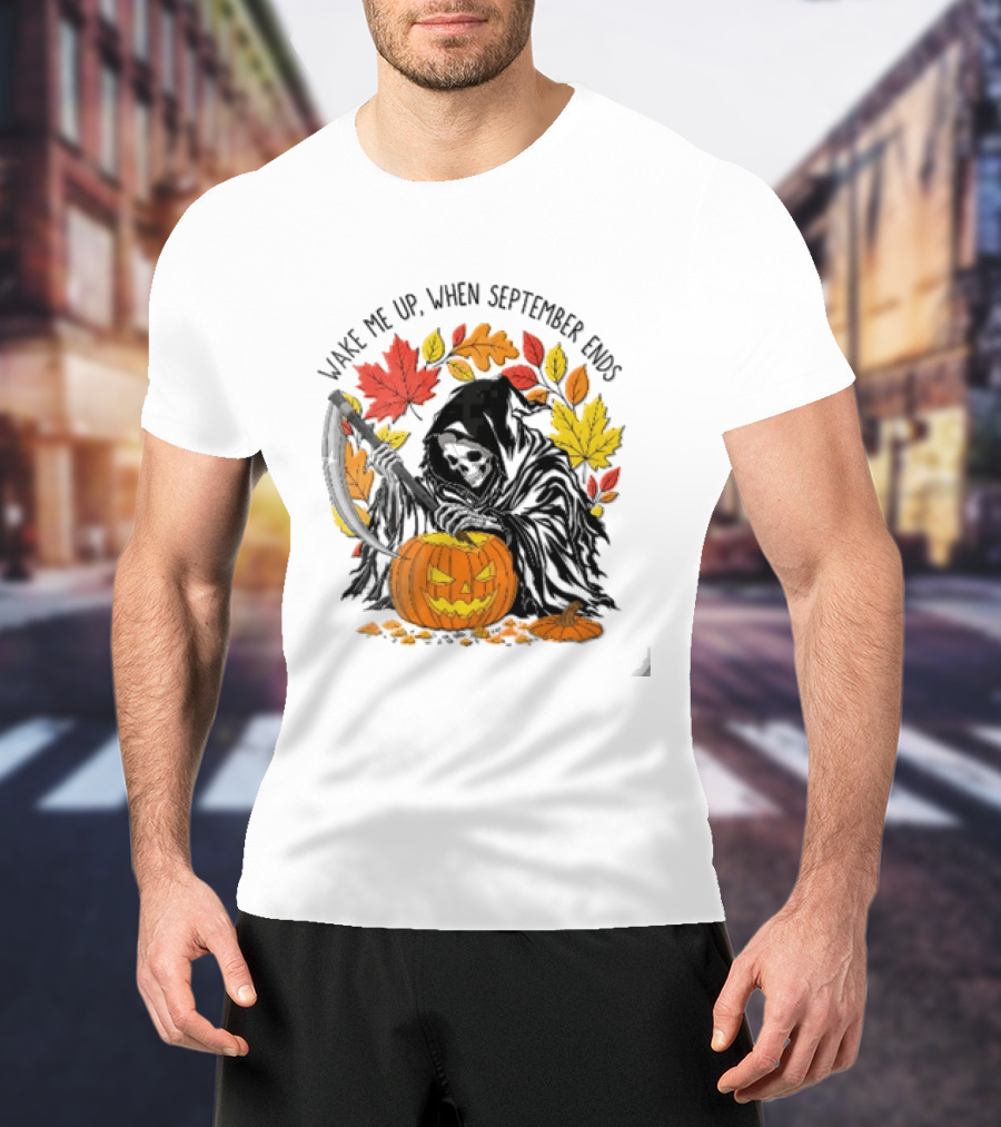 Wake Me Up When September Ends Grim Reaper Carving Jack O Lantern Autumn Leaves T-Shirt