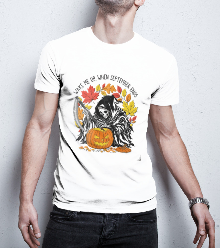 Wake Me Up When September Ends Grim Reaper Carving Jack O Lantern Autumn Leaves T-Shirt