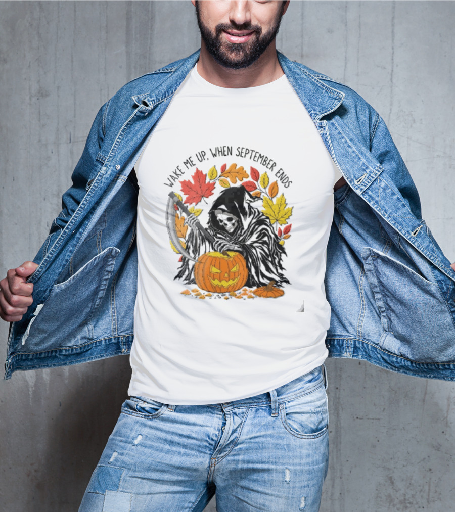 Wake Me Up When September Ends Grim Reaper Carving Jack O Lantern Autumn Leaves T-Shirt