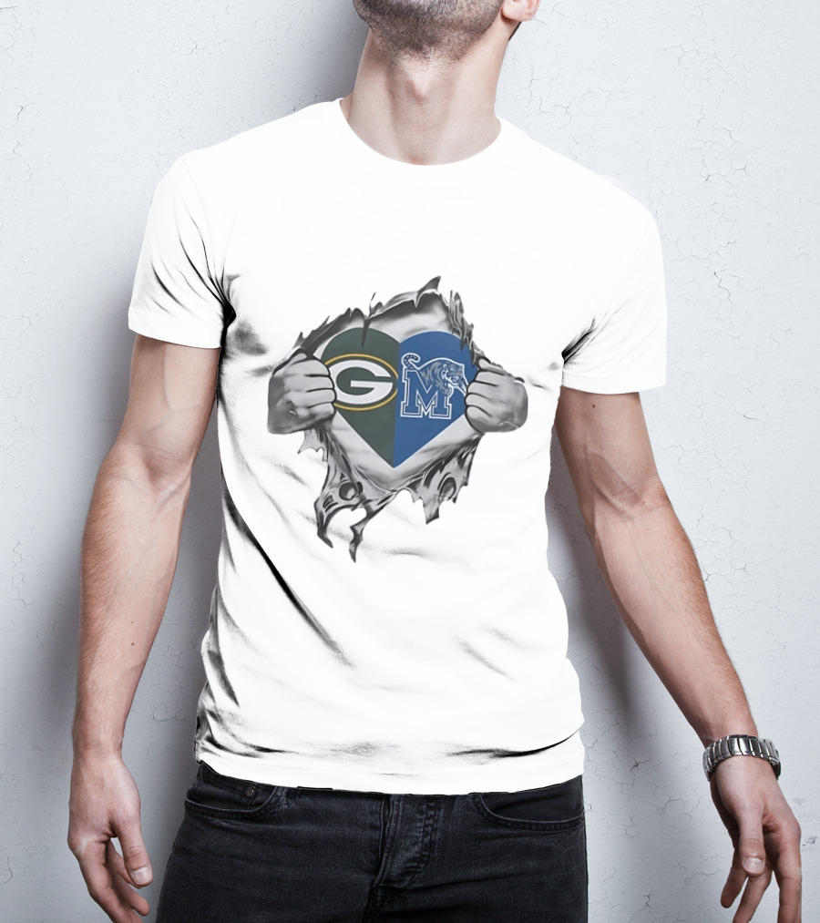 Green Bay Packers Memphis Tigers Heart Symbol Fusion T-Shirt