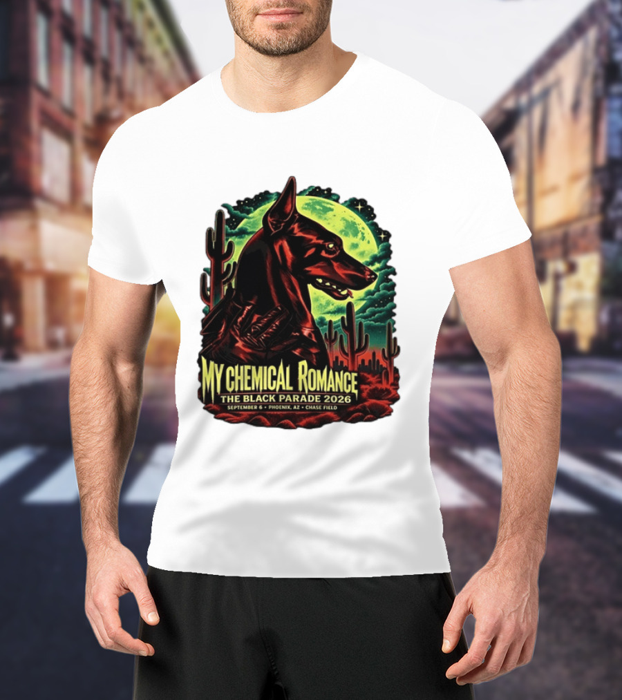 My Chemical Romance The Black Parade 2026 September 6 Phoenix AZ Chase Field Cactus And Dog Moon Scene T-Shirt