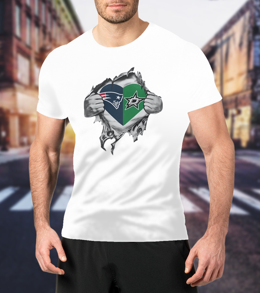 New England Patriots Dallas Stars Heart Split Design Fans T-Shirt