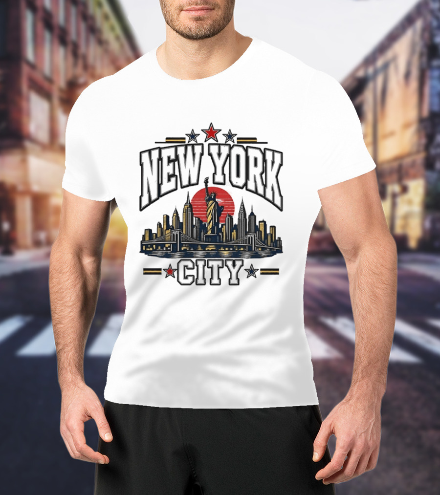 New York City Statue Of Liberty Skyline Red Sun Star Accents T-Shirt