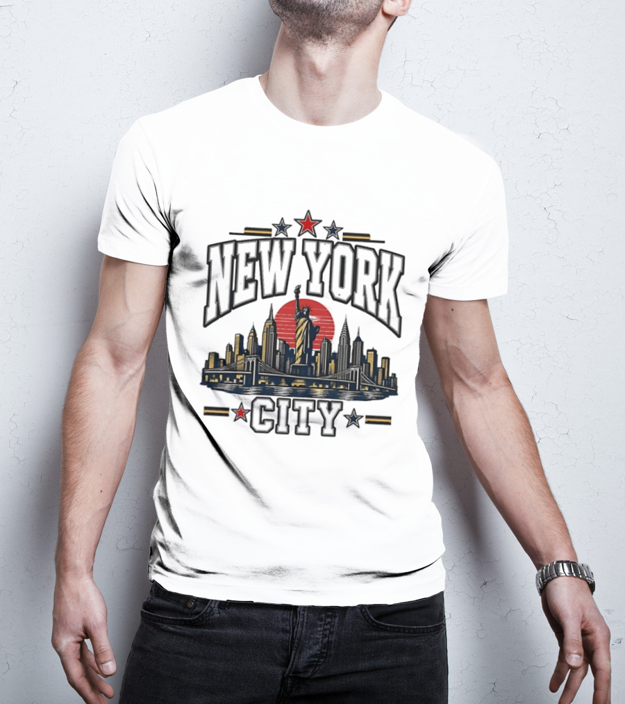 New York City Statue Of Liberty Skyline Red Sun Star Accents T-Shirt
