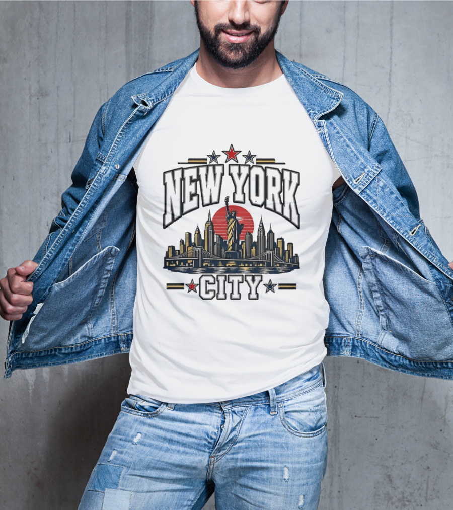 New York City Statue Of Liberty Skyline Red Sun Star Accents T-Shirt