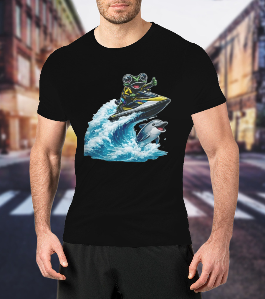 Cartoon Frog Thumbs Up Riding Jet Ski With Dolphin On Ocean Wave T-Shirt