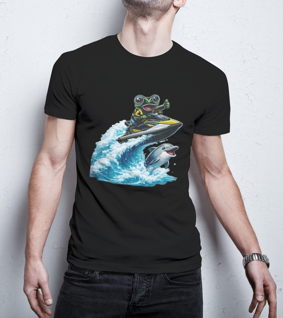 Cartoon Frog Thumbs Up Riding Jet Ski With Dolphin On Ocean Wave T-Shirt
