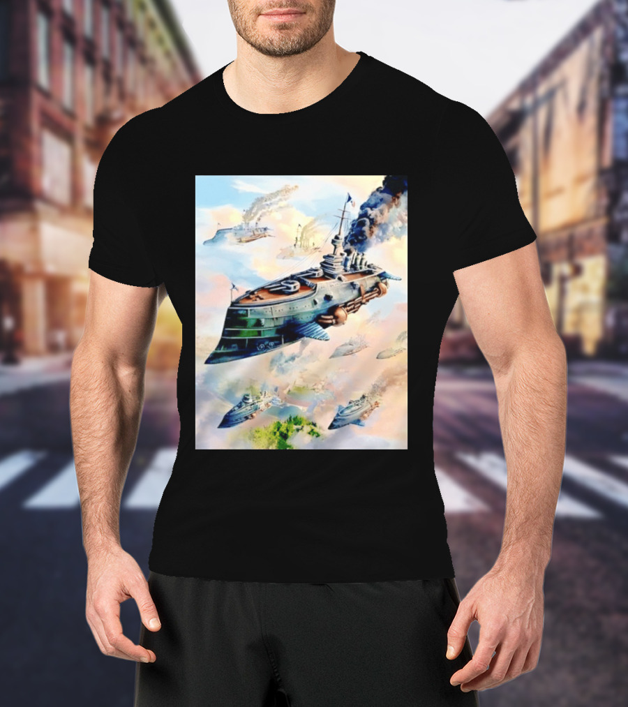 Steampunk Flying Battleship Armada Soaring Through The Clouds T-Shirt