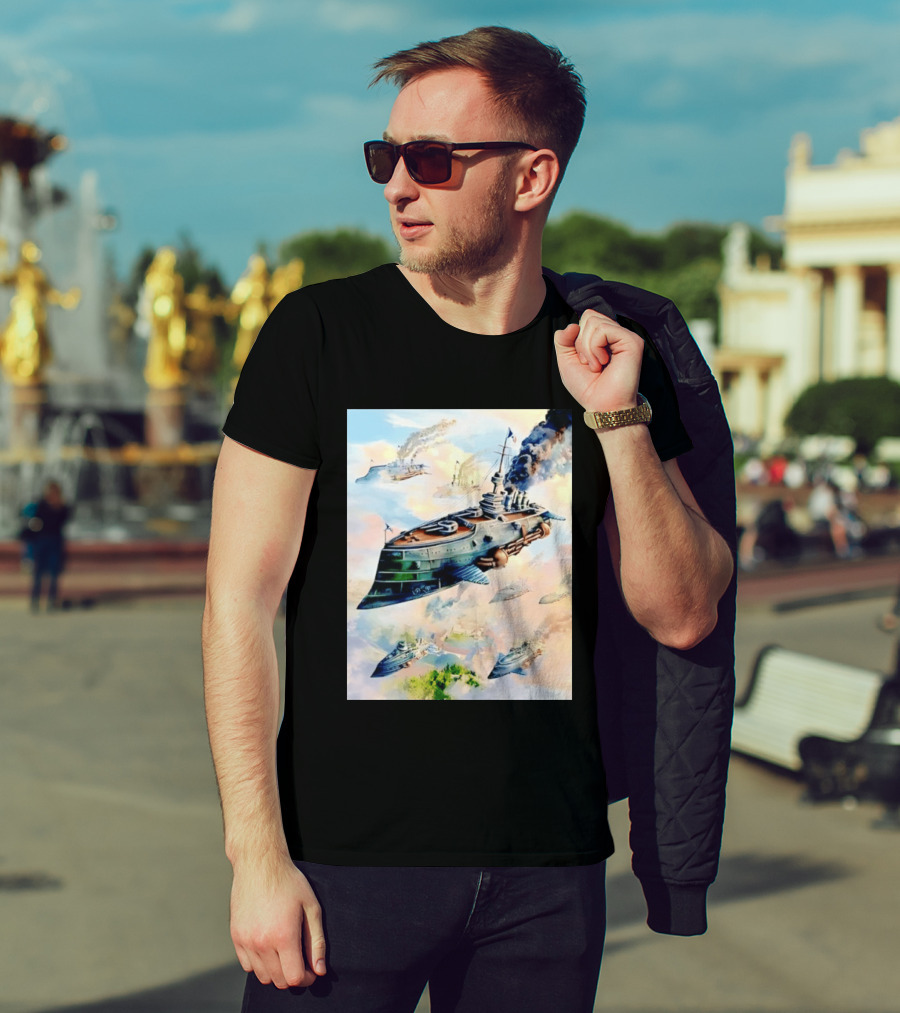 Steampunk Flying Battleship Armada Soaring Through The Clouds T-Shirt