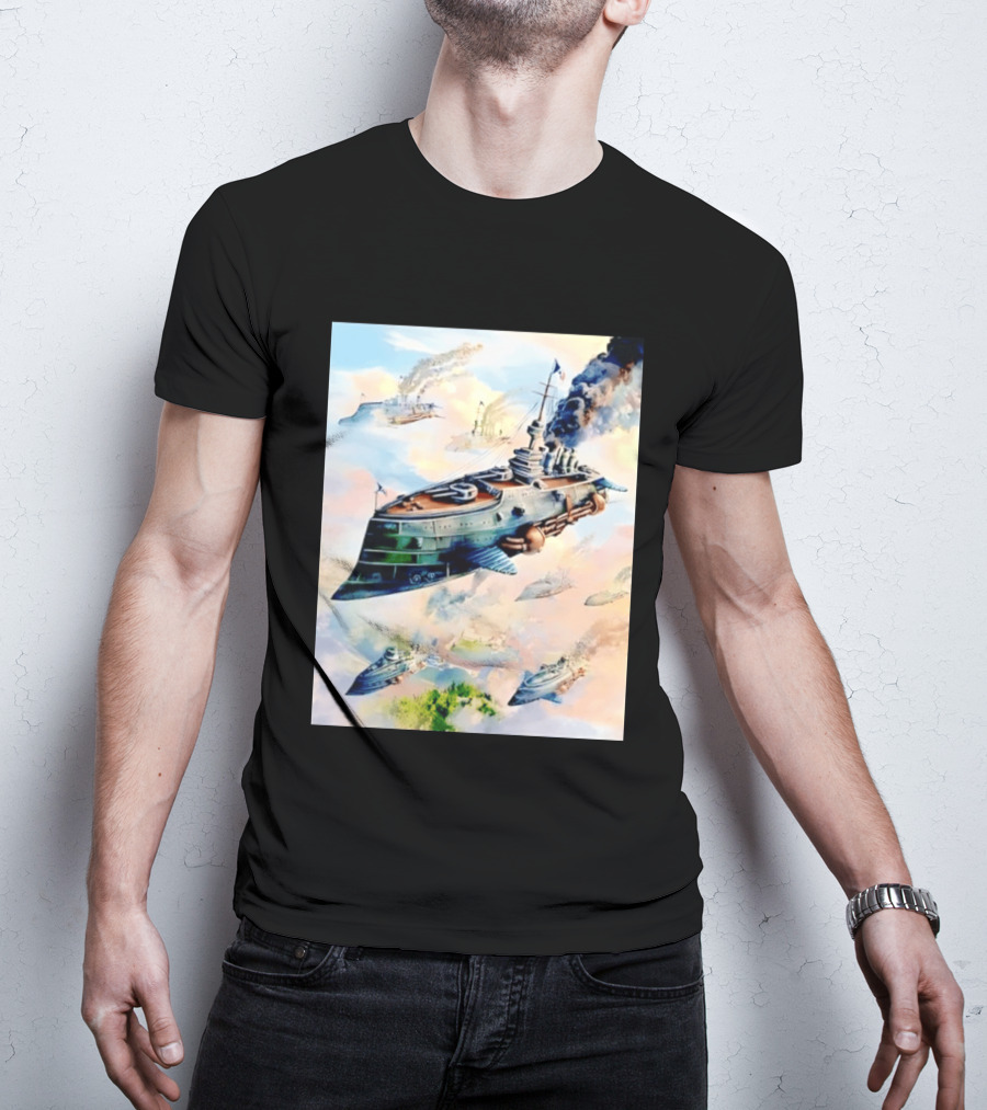 Steampunk Flying Battleship Armada Soaring Through The Clouds T-Shirt