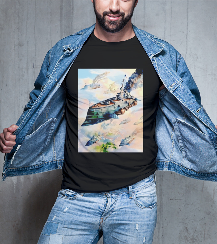 Steampunk Flying Battleship Armada Soaring Through The Clouds T-Shirt
