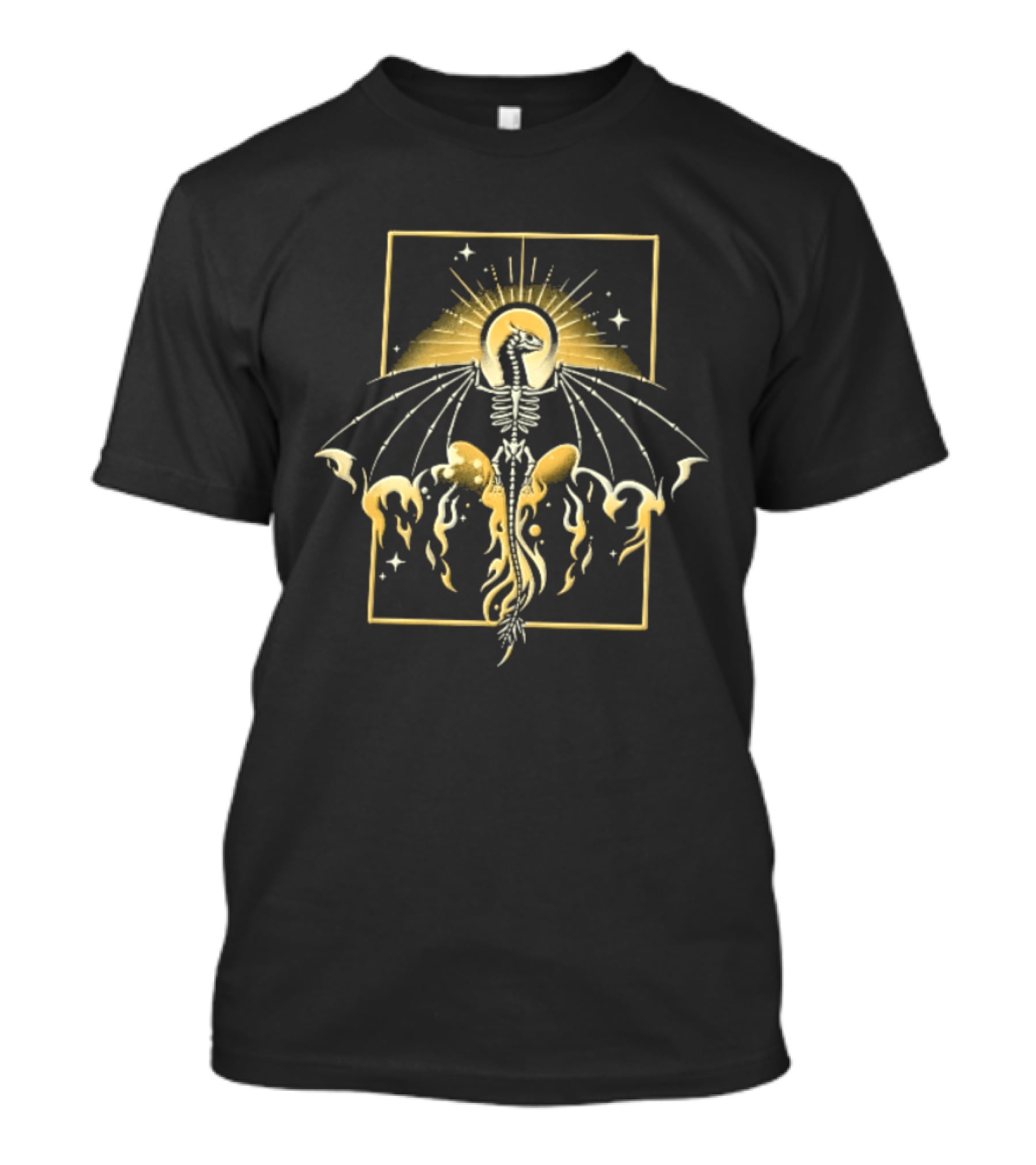 Celestial Gold Skeletal Dragon Wings Sunburst Halo Flames T-Shirt