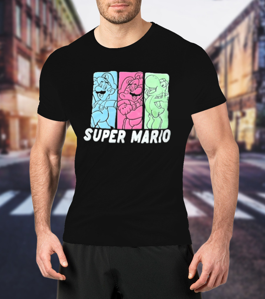Super Mario Luigi Yoshi Characters Colorful Panels T-Shirt
