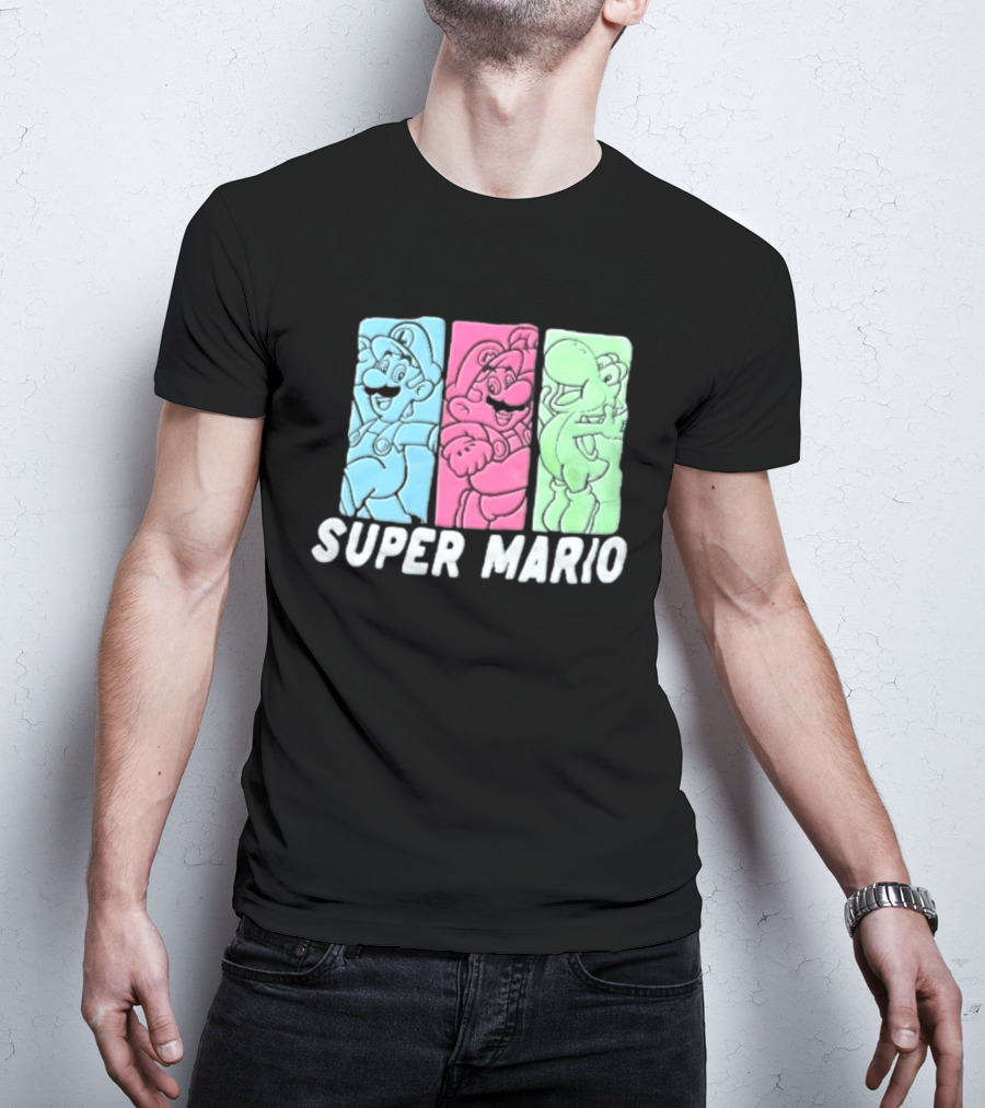 Super Mario Luigi Yoshi Characters Colorful Panels T-Shirt