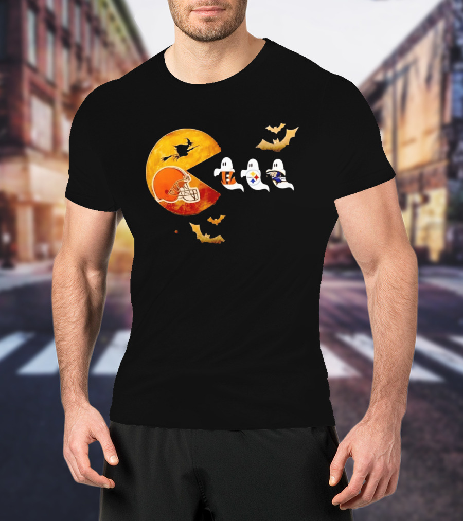 Cleveland Browns Pac Man Vs Bengals Steelers Ravens Halloween Battle T-Shirt