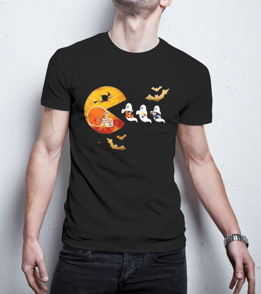 Cleveland Browns Pac Man Vs Bengals Steelers Ravens Halloween Battle T-Shirt