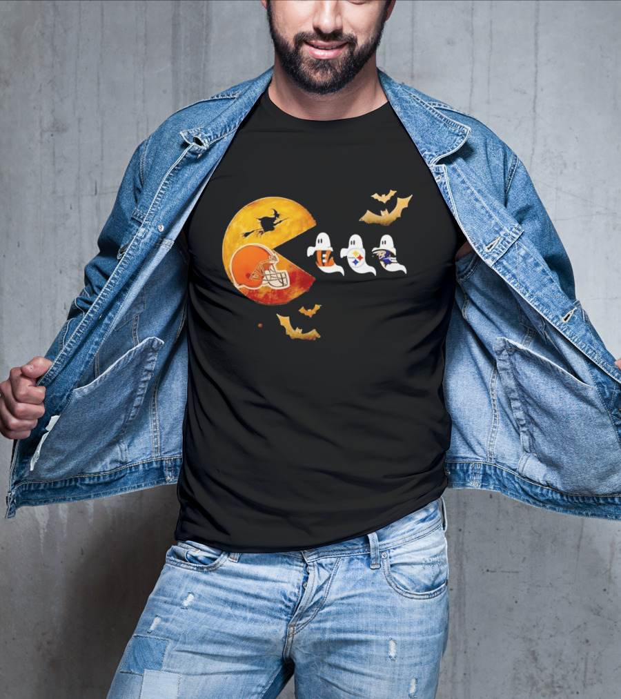 Cleveland Browns Pac Man Vs Bengals Steelers Ravens Halloween Battle T-Shirt