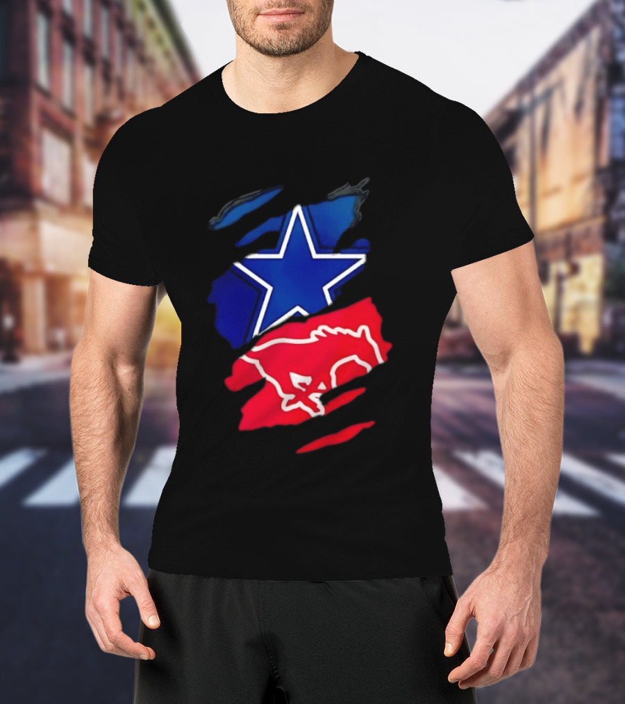 Dallas Cowboys Star And SMU Mustangs Red Ripped Effect T-Shirt