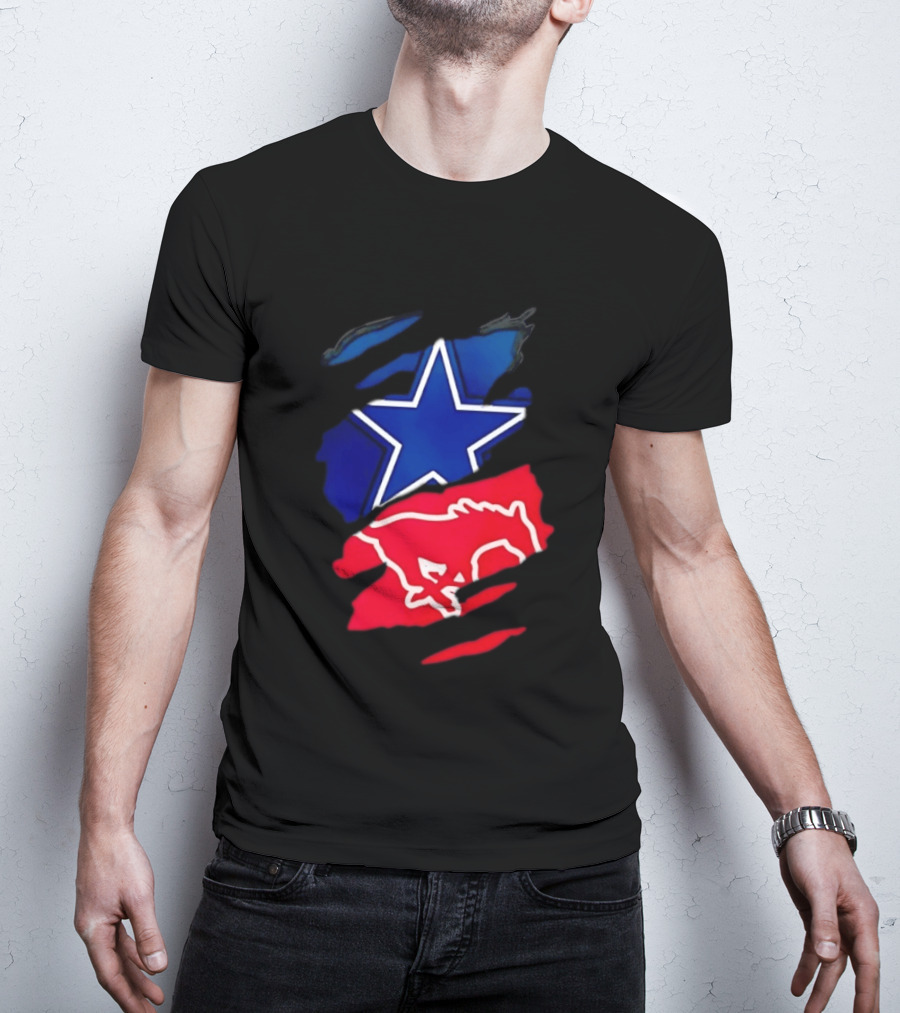 Dallas Cowboys Star And SMU Mustangs Red Ripped Effect T-Shirt