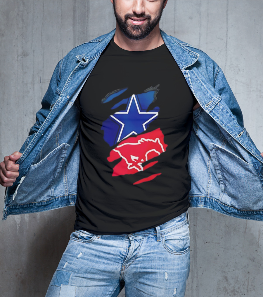 Dallas Cowboys Star And SMU Mustangs Red Ripped Effect T-Shirt