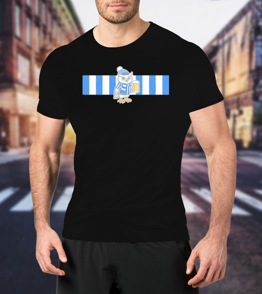 Owl In Blue And White Stripes With Beer T-Shirt