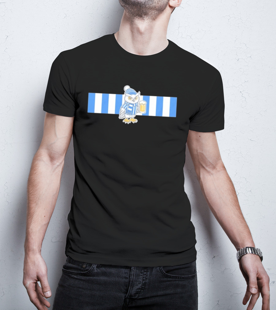 Owl In Blue And White Stripes With Beer T-Shirt