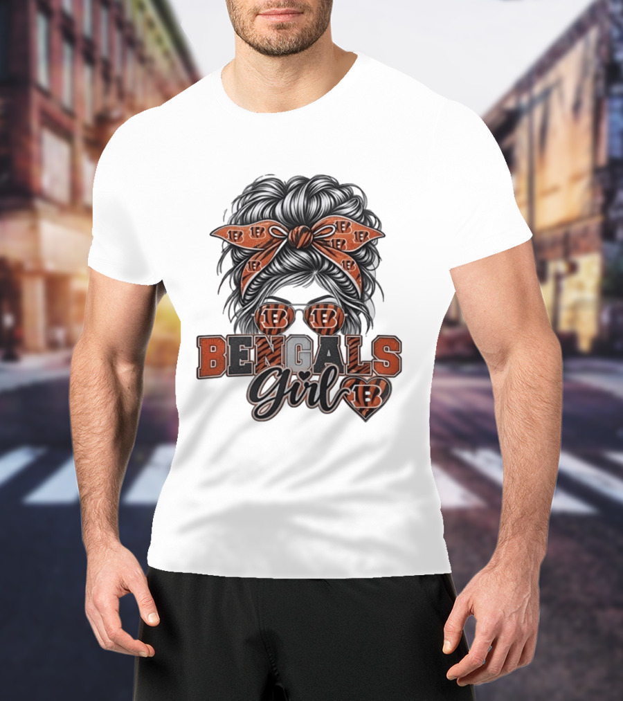 Bengals Girl Messy Bun Fan With Glasses And Bow T-Shirt