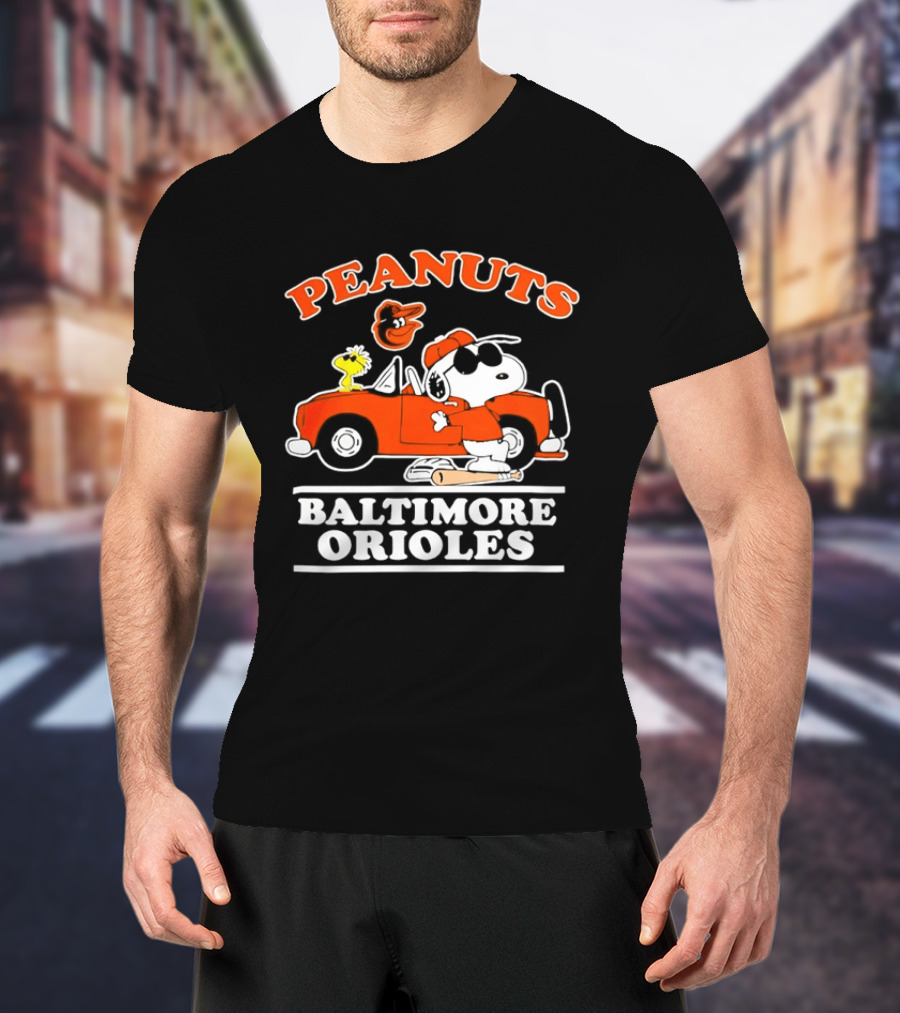 Peanuts Snoopy And Woodstock Driving Baltimore Orioles Car T-Shirt