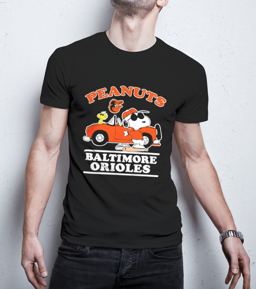 Peanuts Snoopy And Woodstock Driving Baltimore Orioles Car T-Shirt
