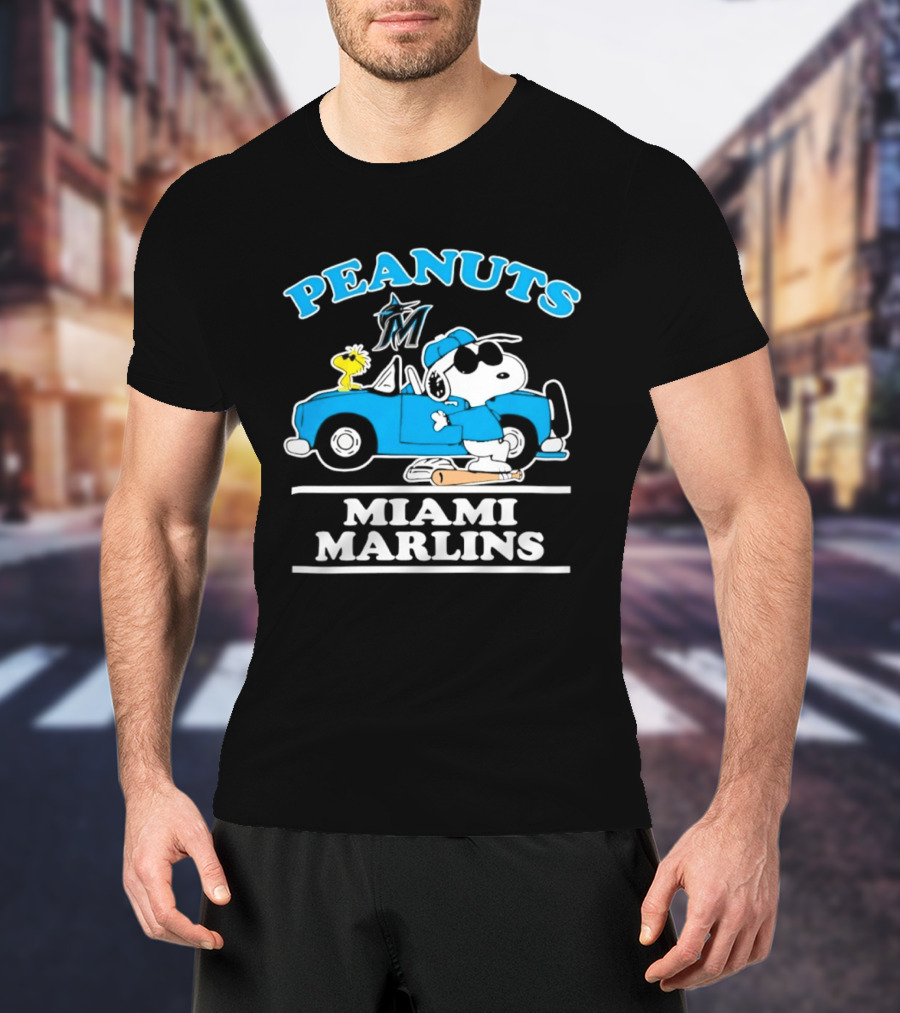 Peanuts Snoopy And Woodstock Miami Marlins Baseball Driving Adventure T-Shirt