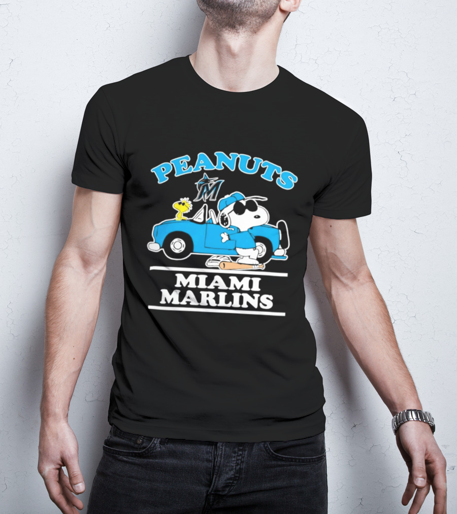 Peanuts Snoopy And Woodstock Miami Marlins Baseball Driving Adventure T-Shirt